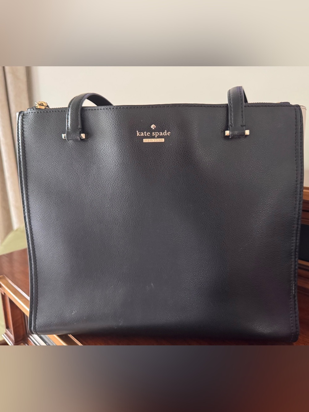 kate spade Black and White Leather Structured Tote with Gold Logo